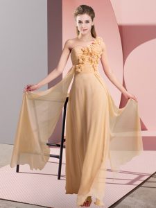 Peach Empire Chiffon One Shoulder Sleeveless Hand Made Flower Floor Length Lace Up Bridesmaid Dress