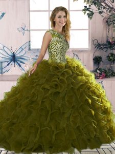 Artistic Olive Green Organza Lace Up Quinceanera Dresses Sleeveless Floor Length Beading and Ruffles