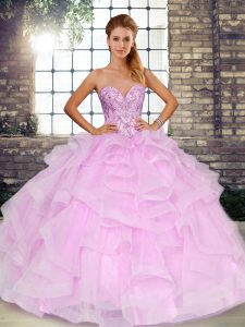 Elegant Tulle Sweetheart Sleeveless Lace Up Beading and Ruffles 15th Birthday Dress in Lilac