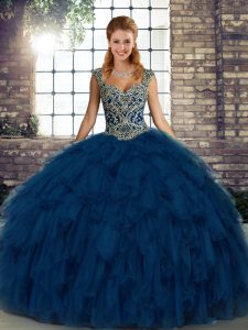Blue Lace Up Sweet 16 Dress Beading and Ruffles Sleeveless Floor Length