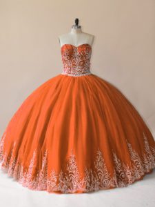 On Sale Floor Length Orange 15 Quinceanera Dress Tulle Sleeveless Embroidery