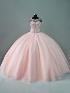 Luxury Scoop Sleeveless Zipper Quince Ball Gowns Peach Tulle