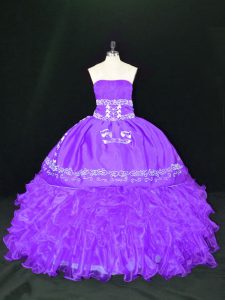 Pretty Sleeveless Floor Length Embroidery and Ruffles Lace Up Sweet 16 Dress with Lavender