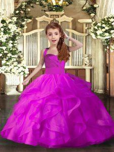 Fuchsia Ball Gowns Tulle Straps Sleeveless Ruffles Floor Length Lace Up Little Girl Pageant Dress