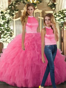 Luxurious Floor Length Two Pieces Sleeveless Hot Pink Quinceanera Dresses Backless