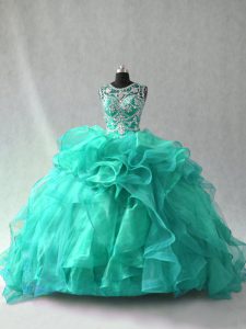 Beading and Ruffles Vestidos de Quinceanera Turquoise Lace Up Sleeveless Floor Length