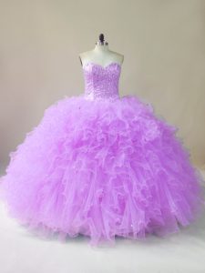 Lilac Lace Up Quinceanera Dress Beading and Ruffles Sleeveless Floor Length