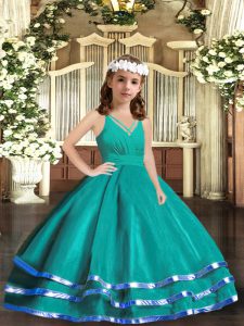 Latest Turquoise V-neck Zipper Ruffled Layers Pageant Gowns For Girls Sleeveless