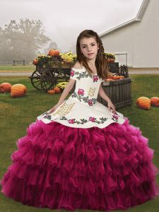 Fuchsia Spaghetti Straps Neckline Embroidery and Ruffled Layers Little Girl Pageant Gowns Sleeveless Lace Up