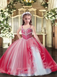 Stunning Red Tulle Lace Up Kids Formal Wear Sleeveless Floor Length Beading