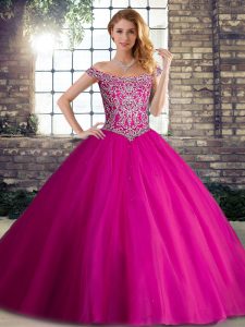 Eye-catching Tulle Sleeveless Quinceanera Gowns Brush Train and Beading
