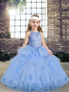 Floor Length Lace Up Little Girls Pageant Dress Lavender for Party and Wedding Party with Appliques