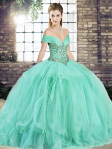 Trendy Apple Green Sleeveless Floor Length Beading and Ruffles Lace Up Quinceanera Gowns