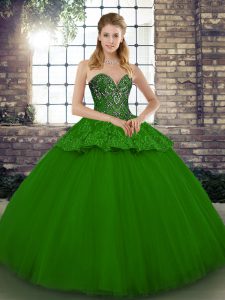 Best Selling Green Ball Gowns Beading and Appliques Quinceanera Gowns Lace Up Tulle Sleeveless Floor Length