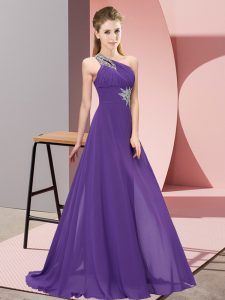 Floor Length Lace Up Prom Dress Purple for Prom and Party with Beading