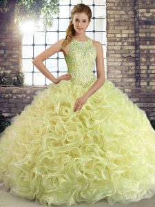 Colorful Yellow Green Sleeveless Fabric With Rolling Flowers Lace Up Quinceanera Dresses for Military Ball and Sweet 16 
