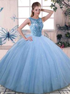Sumptuous Blue Lace Up Sweet 16 Dresses Beading Sleeveless Floor Length