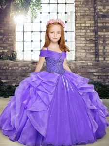 Lavender Lace Up Little Girls Pageant Gowns Beading and Ruffles Sleeveless Floor Length