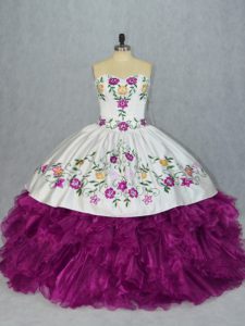 Embroidery and Ruffles Quinceanera Gowns Fuchsia Lace Up Sleeveless Floor Length
