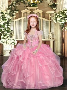 Baby Pink Sleeveless Floor Length Beading Lace Up Girls Pageant Dresses