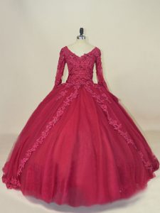 Trendy Red Tulle Lace Up V-neck Long Sleeves Floor Length Quinceanera Dresses Lace and Appliques