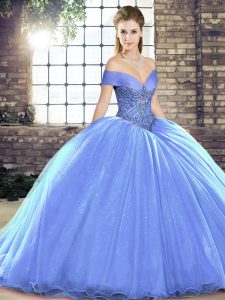 Lavender Organza Lace Up Off The Shoulder Sleeveless Sweet 16 Quinceanera Dress Brush Train Beading