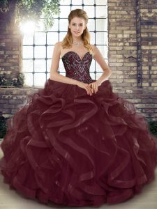 Cheap Burgundy Lace Up Ball Gown Prom Dress Beading and Ruffles Sleeveless Floor Length