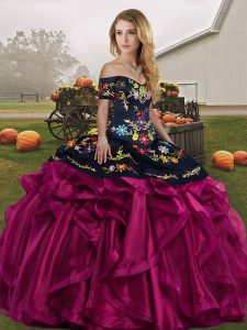 Sleeveless Organza Floor Length Lace Up Quince Ball Gowns in Fuchsia with Embroidery and Ruffles