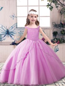 Off The Shoulder Sleeveless Lace Up Little Girls Pageant Gowns Lilac Tulle