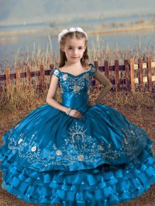 Sleeveless Satin and Organza Floor Length Lace Up Child Pageant Dress in Blue with Embroidery and Ruffled Layers