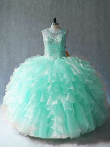 Sophisticated Sleeveless Organza Floor Length Lace Up 15th Birthday Dress in Apple Green with Beading and Ruffles