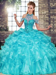 Aqua Blue Organza Lace Up Halter Top Sleeveless Floor Length Quinceanera Gowns Beading and Ruffles