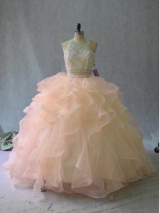 Peach Two Pieces Organza Halter Top Sleeveless Beading and Ruffles Backless Ball Gown Prom Dress
