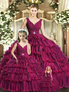 Luxury Sleeveless Organza Floor Length Backless 15th Birthday Dress in Burgundy with Ruffled Layers