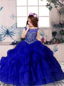 Royal Blue Sleeveless Floor Length Beading and Pick Ups Zipper Kids Pageant Dress