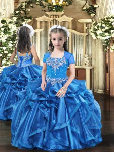 Amazing Baby Blue Straps Neckline Beading and Ruffles Pageant Gowns Sleeveless Lace Up