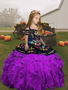 Organza Straps Sleeveless Lace Up Embroidery and Ruffles Pageant Dress in Eggplant Purple and Purple