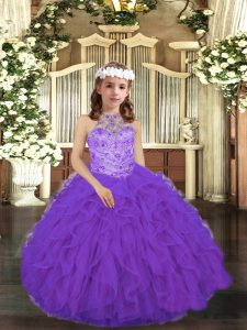 Beautiful Sleeveless Tulle Floor Length Lace Up Kids Pageant Dress in Purple with Beading and Ruffles