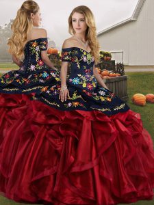 Cute Red And Black Sleeveless Organza Lace Up Quince Ball Gowns for Military Ball and Sweet 16 and Quinceanera