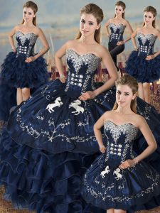 Top Selling Sleeveless Floor Length Embroidery and Ruffles Lace Up 15th Birthday Dress with Navy Blue