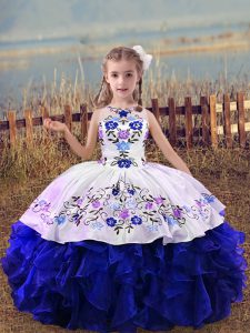 Attractive Floor Length Royal Blue Little Girls Pageant Dress Wholesale Scoop Sleeveless Lace Up