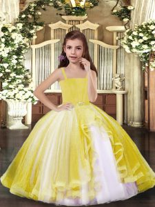 Floor Length Yellow Pageant Dress for Teens Tulle Sleeveless Beading