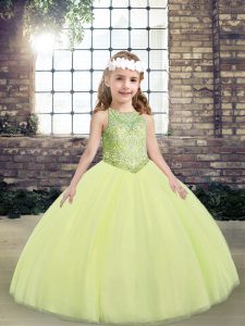 Light Yellow Ball Gowns Scoop Sleeveless Tulle Floor Length Lace Up Beading Little Girls Pageant Dress