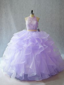 Lavender Sleeveless Beading and Ruffles Backless Quince Ball Gowns