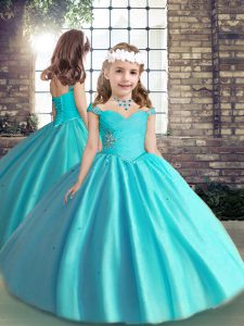 Ball Gowns Little Girls Pageant Gowns Baby Blue Straps Tulle Sleeveless Floor Length Lace Up