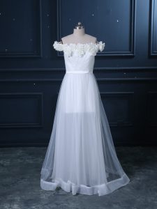 Suitable Brush Train Empire Wedding Gowns White Off The Shoulder Tulle Sleeveless Zipper