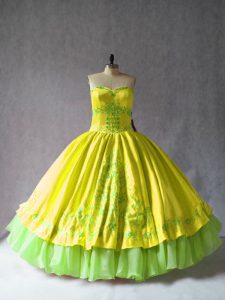 Stunning Yellow Sleeveless Floor Length Embroidery Lace Up Quinceanera Gowns