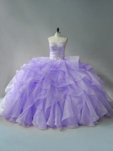 Cheap Lavender Sweetheart Neckline Beading and Ruffles Quince Ball Gowns Sleeveless Lace Up