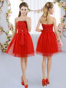 Elegant Red Tulle Side Zipper Strapless Sleeveless Mini Length Damas Dress Beading and Bowknot
