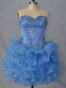 Romantic Sweetheart Sleeveless Dress for Prom Mini Length Beading and Ruffles Baby Blue Organza